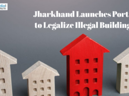 Illustration of house models with text about Jharkhand launching a portal to legalize illegal buildings.