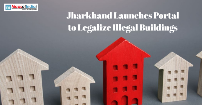 Illustration of house models with text about Jharkhand launching a portal to legalize illegal buildings.