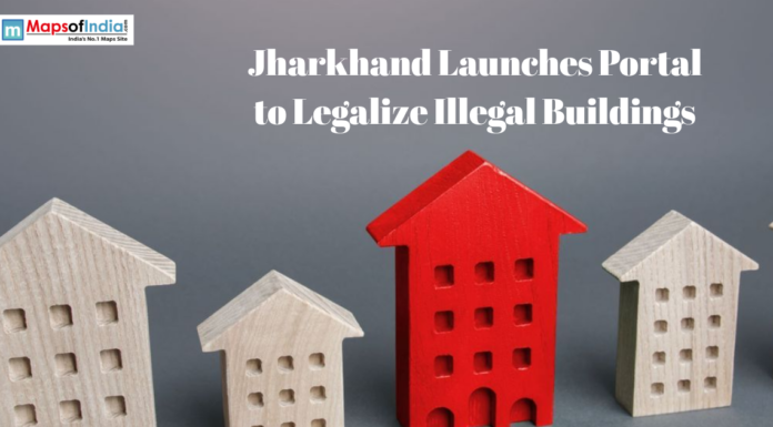 Jharkhand Launches Portal to Legalize Illegal Buildings Illustration of house models with text about Jharkhand launching a portal to legalize illegal buildings.