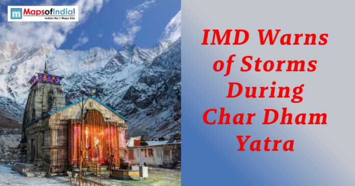 Poster showing Kedarnath Temple in the Himalayas with the headline “IMD Warns of Storms During Char Dham Yatra”.
