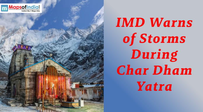 IMD Warns of Storms During Char Dham Yatra Poster showing Kedarnath Temple in the Himalayas with the headline “IMD Warns of Storms During Char Dham Yatra”.