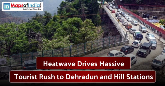 Heavy traffic on a bridge near Dehradun as tourists head toward hill stations during a summer heatwave.