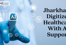 Jharkhand Digitizes Healthcare With AI Support AI-powered digital healthcare concept showing a medical interface and technology icons with the text about Jharkhand digitizing healthcare.