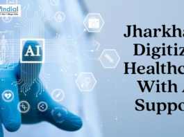 AI-powered digital healthcare concept showing a medical interface and technology icons with the text about Jharkhand digitizing healthcare.