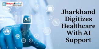 Jharkhand Digitizes Healthcare With AI Support AI-powered digital healthcare concept showing a medical interface and technology icons with the text about Jharkhand digitizing healthcare.