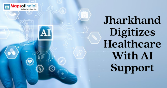 Digital healthcare AI-powered digital healthcare concept showing a medical interface and technology icons with the text about Jharkhand digitizing healthcare.