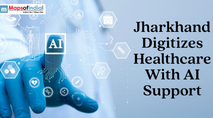 Jharkhand Digitizes Healthcare With AI Support AI-powered digital healthcare concept showing a medical interface and technology icons with the text about Jharkhand digitizing healthcare.