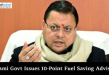 Dhami Govt Issues 10-Point Fuel Saving Advisory Uttarakhand Chief Minister Pushkar Singh Dhami speaking during an official meeting, featured in a news graphic about a 10-point fuel-saving advisory issued by the Dhami government.
