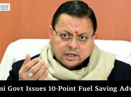 Uttarakhand Chief Minister Pushkar Singh Dhami speaking during an official meeting, featured in a news graphic about a 10-point fuel-saving advisory issued by the Dhami government.