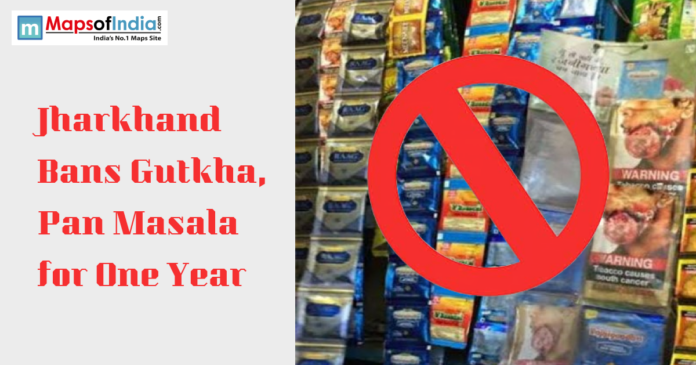Poster highlighting Jharkhand’s one-year ban on gutkha and pan masala products with a prohibition symbol over tobacco packets.