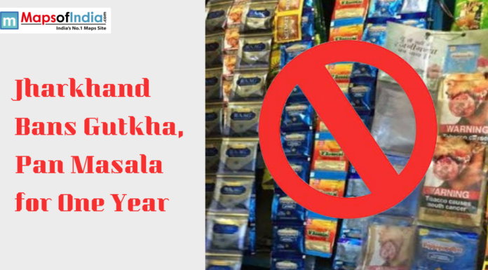 Jharkhand Bans Gutkha, Pan Masala for One Year Poster highlighting Jharkhand’s one-year ban on gutkha and pan masala products with a prohibition symbol over tobacco packets.