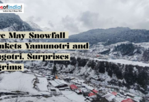 Rare May Snowfall Blankets Yamunotri and Gangotri, Surprises Pilgrims Snow-covered landscape in Yamunotri and Gangotri after rare May snowfall, with mountains, houses, and cloudy skies.