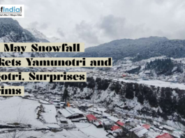 Snow-covered landscape in Yamunotri and Gangotri after rare May snowfall, with mountains, houses, and cloudy skies.