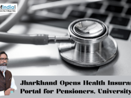 Stethoscope placed on a laptop keyboard symbolizing digital healthcare, with news headline about Jharkhand launching a health insurance portal for pensioners and university staff.