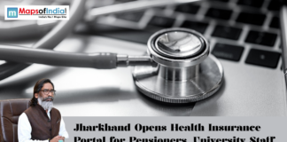 Jharkhand Opens Health Insurance Portal for Pensioners, University Staff Stethoscope placed on a laptop keyboard symbolizing digital healthcare, with news headline about Jharkhand launching a health insurance portal for pensioners and university staff.