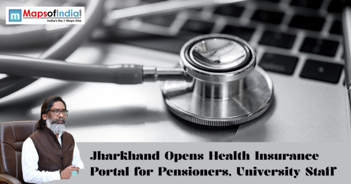 Stethoscope placed on a laptop keyboard symbolizing digital healthcare, with news headline about Jharkhand launching a health insurance portal for pensioners and university staff.