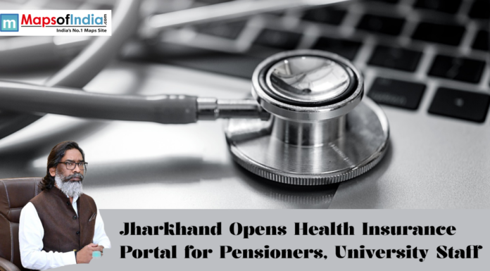 Jharkhand Opens Health Insurance Portal for Pensioners, University Staff Stethoscope placed on a laptop keyboard symbolizing digital healthcare, with news headline about Jharkhand launching a health insurance portal for pensioners and university staff.