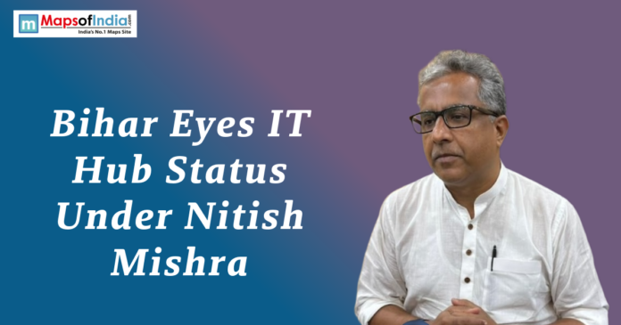 Graphic featuring Nitish Mishra with the headline “Bihar Eyes IT Hub Status Under Nitish Mishra”.