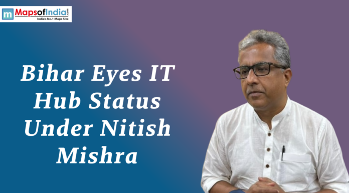 Bihar Eyes IT Hub Status Under Nitish Mishra Graphic featuring Nitish Mishra with the headline “Bihar Eyes IT Hub Status Under Nitish Mishra”.
