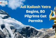 Adi Kailash Yatra Begins, 80 Pilgrims Get Permits Snow-covered Adi Kailash mountain with trident and text “Adi Kailash Yatra Begins, 80 Pilgrims Get Permits”