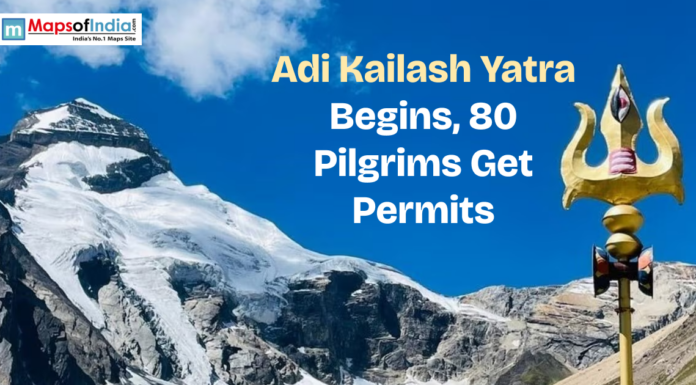 Adi Kailash Yatra Begins, 80 Pilgrims Get Permits Snow-covered Adi Kailash mountain with trident and text “Adi Kailash Yatra Begins, 80 Pilgrims Get Permits”