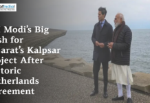 PM Modi’s Big Push for Gujarat’s Kalpsar Project After Historic Netherlands Agreement Prime Minister Narendra Modi standing near a coastal structure with a foreign official, featured in a news graphic about Gujarat’s Kalpsar Project and the Netherlands agreement.