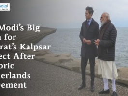 Prime Minister Narendra Modi standing near a coastal structure with a foreign official, featured in a news graphic about Gujarat’s Kalpsar Project and the Netherlands agreement.