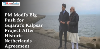 PM Modi’s Big Push for Gujarat’s Kalpsar Project After Historic Netherlands Agreement Prime Minister Narendra Modi standing near a coastal structure with a foreign official, featured in a news graphic about Gujarat’s Kalpsar Project and the Netherlands agreement.