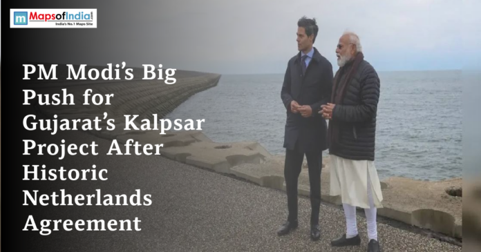 Prime Minister Narendra Modi standing near a coastal structure with a foreign official, featured in a news graphic about Gujarat’s Kalpsar Project and the Netherlands agreement.