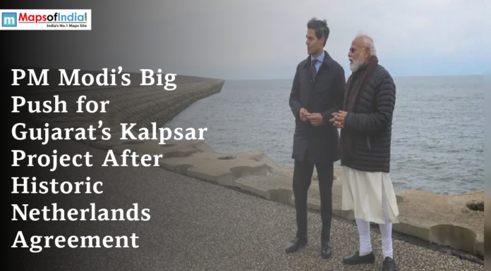 PM Modi’s Big Push for Gujarat’s Kalpsar Project After Historic Netherlands Agreement Prime Minister Narendra Modi standing near a coastal structure with a foreign official, featured in a news graphic about Gujarat’s Kalpsar Project and the Netherlands agreement.