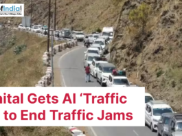 Long line of vehicles stuck in traffic on a narrow hilly road in Nainital, highlighting congestion issues as authorities plan AI-based traffic management.
