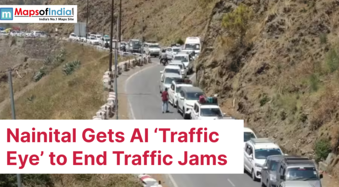 Nainital Gets AI ‘Traffic Eye’ to End Traffic Jams Long line of vehicles stuck in traffic on a narrow hilly road in Nainital, highlighting congestion issues as authorities plan AI-based traffic management.