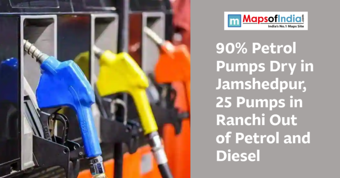 Fuel nozzles at a petrol pump with text about fuel shortages in Jamshedpur and Ranchi.