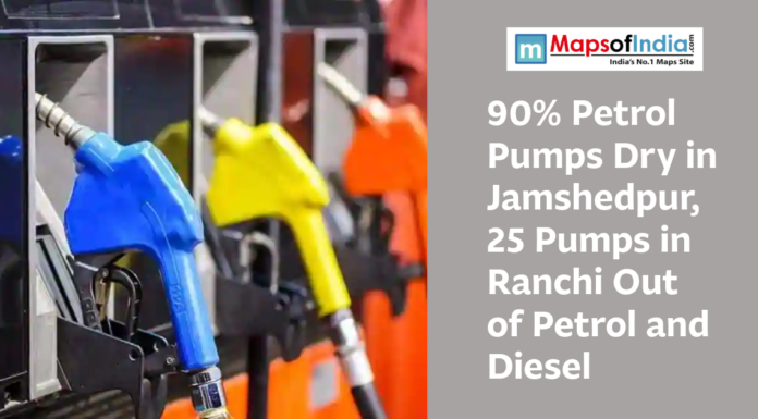 90% Petrol Pumps Dry in Jamshedpur, 25 Pumps in Ranchi Out of Petrol and Diesel Fuel nozzles at a petrol pump with text about fuel shortages in Jamshedpur and Ranchi.
