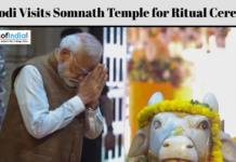 PM Modi Visits Somnath Temple for Ritual Ceremony PM Narendra Modi offers prayers during a ritual ceremony at Somnath Temple beside a decorated Nandi idol.