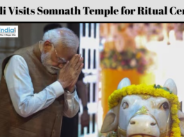 PM Narendra Modi offers prayers during a ritual ceremony at Somnath Temple beside a decorated Nandi idol.
