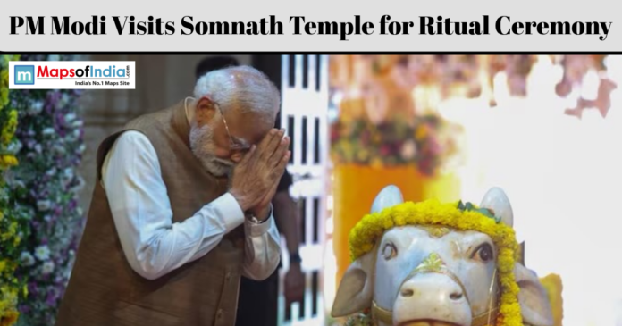 PM Narendra Modi offers prayers during a ritual ceremony at Somnath Temple beside a decorated Nandi idol.