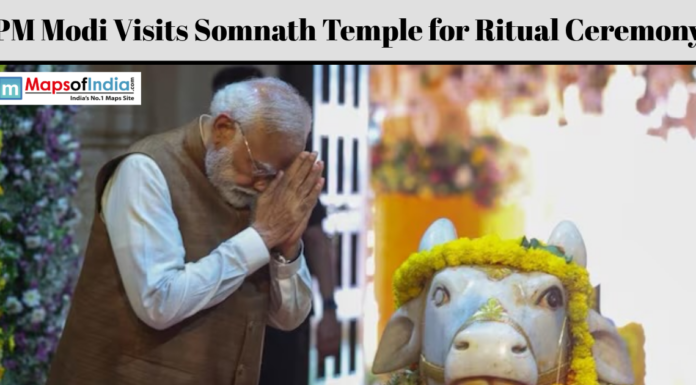 PM Modi Visits Somnath Temple for Ritual Ceremony PM Narendra Modi offers prayers during a ritual ceremony at Somnath Temple beside a decorated Nandi idol.