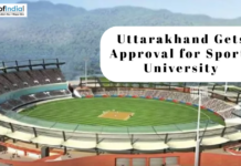 Uttarakhand Gets Approval for Sports University Uttarakhand Sports University announcement over a stadium image.