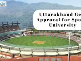 Uttarakhand Gets Approval for Sports University Uttarakhand Sports University announcement over a stadium image.