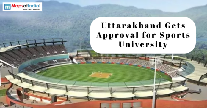 Uttarakhand Sports University announcement over a stadium image.