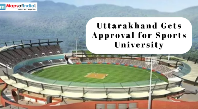Uttarakhand Gets Approval for Sports University Uttarakhand Sports University announcement over a stadium image.