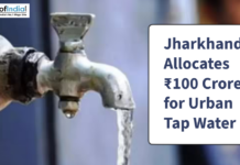 Jharkhand Allocates ₹100 Crore for Urban Tap Water A water tap with flowing water beside text announcing Jharkhand’s ₹100 crore allocation for urban tap water projects.