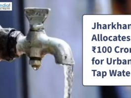 A water tap with flowing water beside text announcing Jharkhand’s ₹100 crore allocation for urban tap water projects.