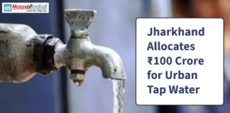 Jharkhand Allocates ₹100 Crore for Urban Tap Water A water tap with flowing water beside text announcing Jharkhand’s ₹100 crore allocation for urban tap water projects.