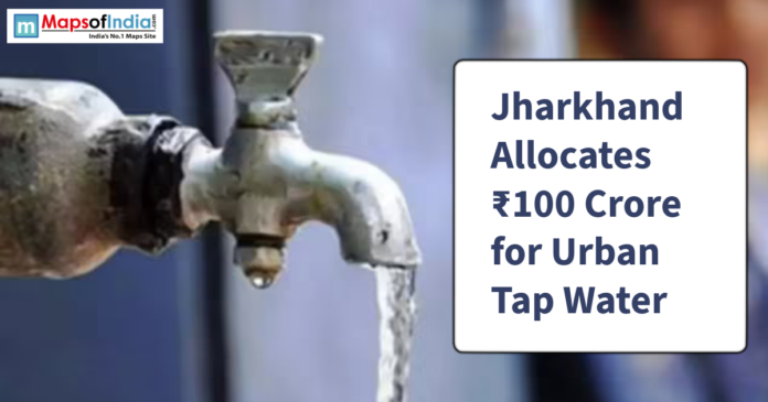 A water tap with flowing water beside text announcing Jharkhand’s ₹100 crore allocation for urban tap water projects.
