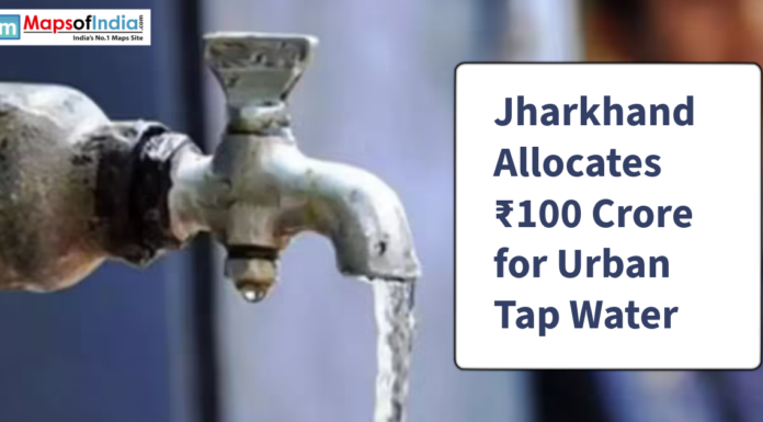 Jharkhand Allocates ₹100 Crore for Urban Tap Water A water tap with flowing water beside text announcing Jharkhand’s ₹100 crore allocation for urban tap water projects.