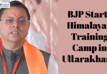 BJP Starts Himalayan Training Camp in Uttarakhand Political leader speaking at an event with text about BJP’s Himalayan training camp in Uttarakhand.