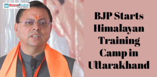 BJP Starts Himalayan Training Camp in Uttarakhand Political leader speaking at an event with text about BJP’s Himalayan training camp in Uttarakhand.