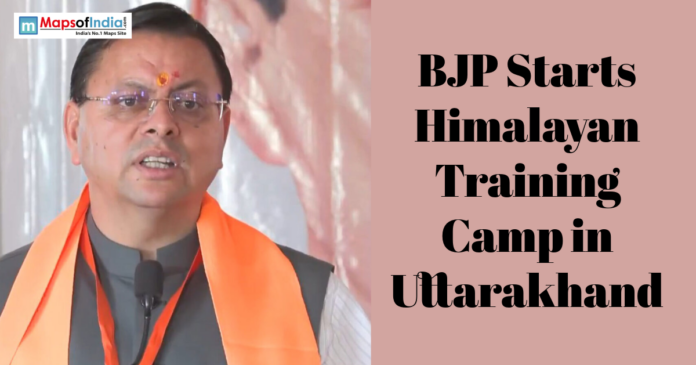 Political leader speaking at an event with text about BJP’s Himalayan training camp in Uttarakhand.
